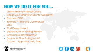 HOW WE DO IT FOR YOU…
• Understand your Idea/Business
• Design your Idea/Business into wireframes
• Create a POC
• Estimate – Time and Commercial
• SOW
• Start Development
• Deploy Build for Testing/Review
• Incremental Development
• Deploy for Final Testing & UAT
• Go Live – App Store, Play Store
 