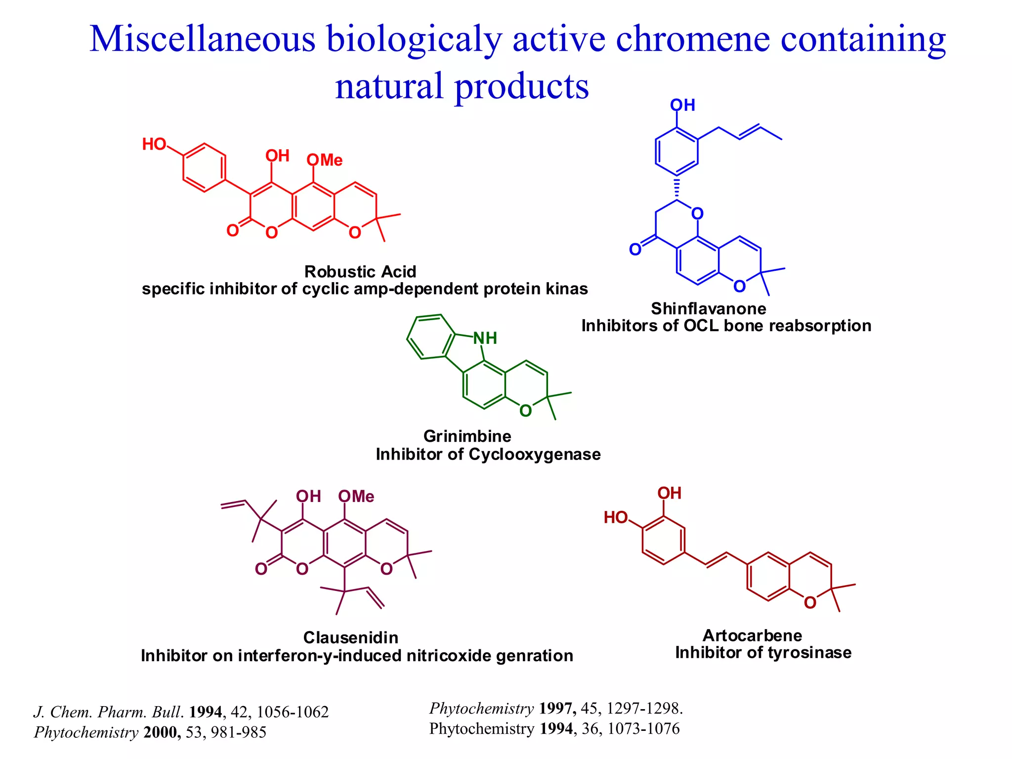 J. Chem. Pharm. Bull. 1994, 42, 1056-1062
Phytochemistry 2000, 53, 981-985
Phytochemistry 1997, 45, 1297-1298.
Phytochemistry 1994, 36, 1073-1076
Miscellaneous biologicaly active chromene containing
natural products
O
OMe
O
HO
OH
OO
OH
HO
Robustic Acid
specific inhibitor of cyclic amp-dependent protein kinas O
O
O
OH
Shinflavanone
Inhibitors of OCL bone reabsorption
O
OMe
OO
OH
Clausenidin
Inhibitor on interferon-y-induced nitricoxide genration
Artocarbene
Inhibitor of tyrosinase
O
NH
Grinimbine
Inhibitor of Cyclooxygenase
 
