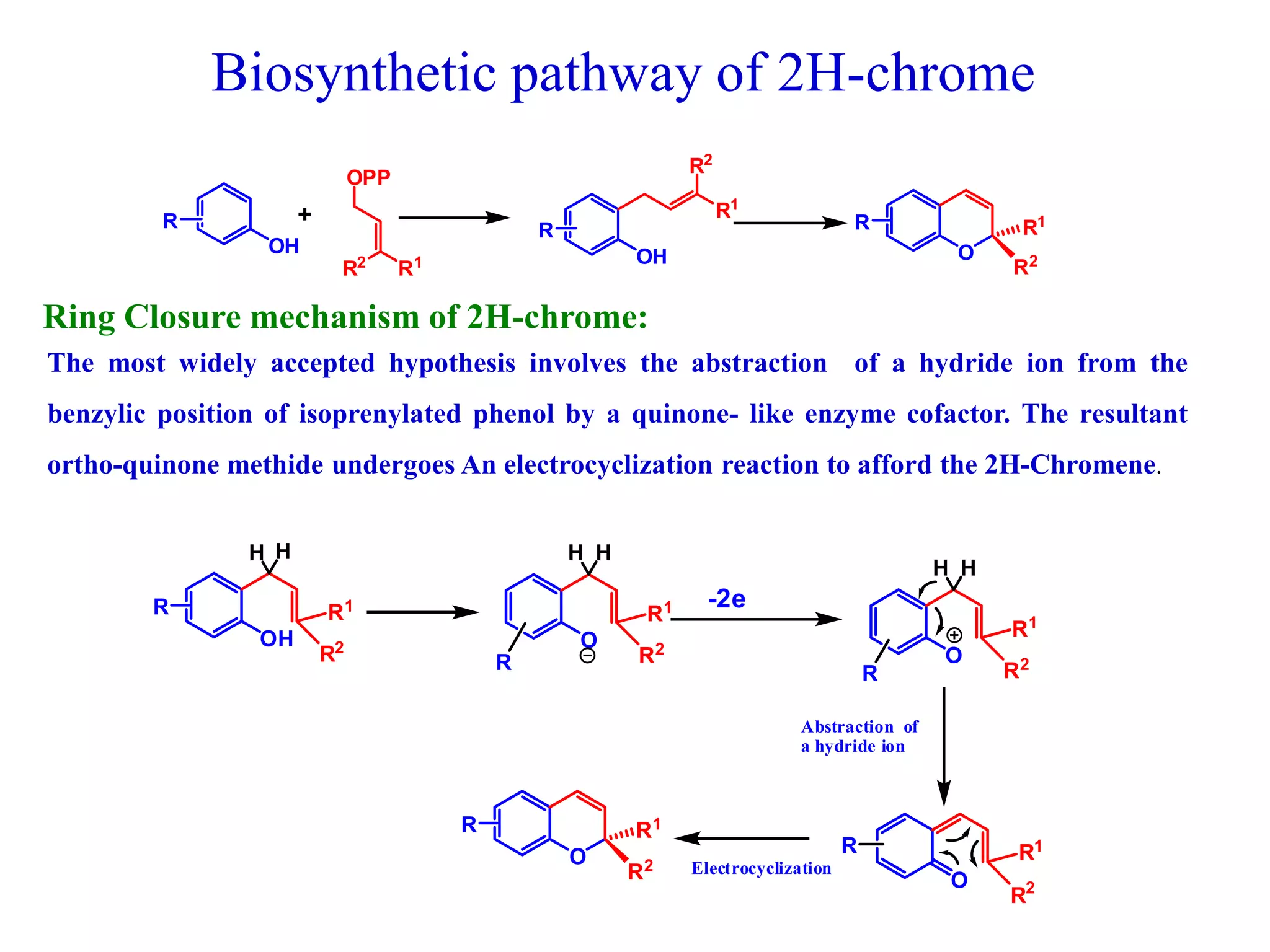 Biosynthetic pathway of 2H-chrome
R
OH
R1
R2
OPP
R2
R1
OH
R
O
R1
R2
R+
The most widely accepted hypothesis involves the abstraction of a hydride ion from the
benzylic position of isoprenylated phenol by a quinone- like enzyme cofactor. The resultant
ortho-quinone methide undergoes An electrocyclization reaction to afford the 2H-Chromene.
OH
R1
R2
R
HH
O
R1
R2
HH
O
R1
R2
HH
-2e
R R
O
R1
R2
R
O
R1
R2
R
Abstraction of
a hydride ion
Electrocyclization
Ring Closure mechanism of 2H-chrome:
 