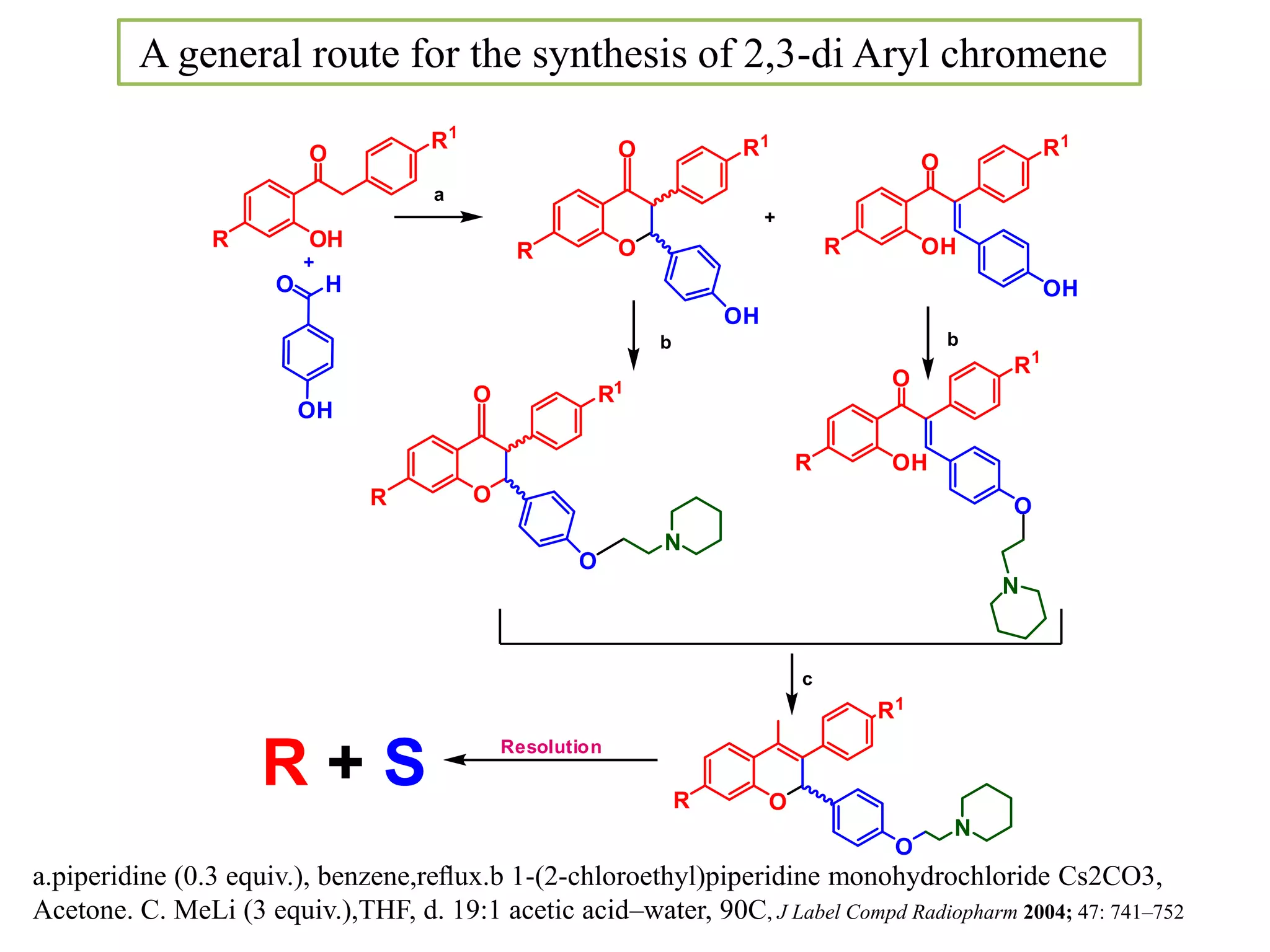 A general route for the synthesis of 2,3-di Aryl chromene
a.piperidine (0.3 equiv.), benzene,reﬂux.b 1-(2-chloroethyl)piperidine monohydrochloride Cs2CO3,
Acetone. C. MeLi (3 equiv.),THF, d. 19:1 acetic acid–water, 90C, J Label Compd Radiopharm 2004; 47: 741–752
R
O
R1
OH
O H
OH
R
O
R1
OH
OH
O
O
OH
R
R1
+
+
O
O
O
R
R1
N
R
O
R1
OH
O
N
O
R1
R
O
N
a
b b
Resolution
c
R + S
 