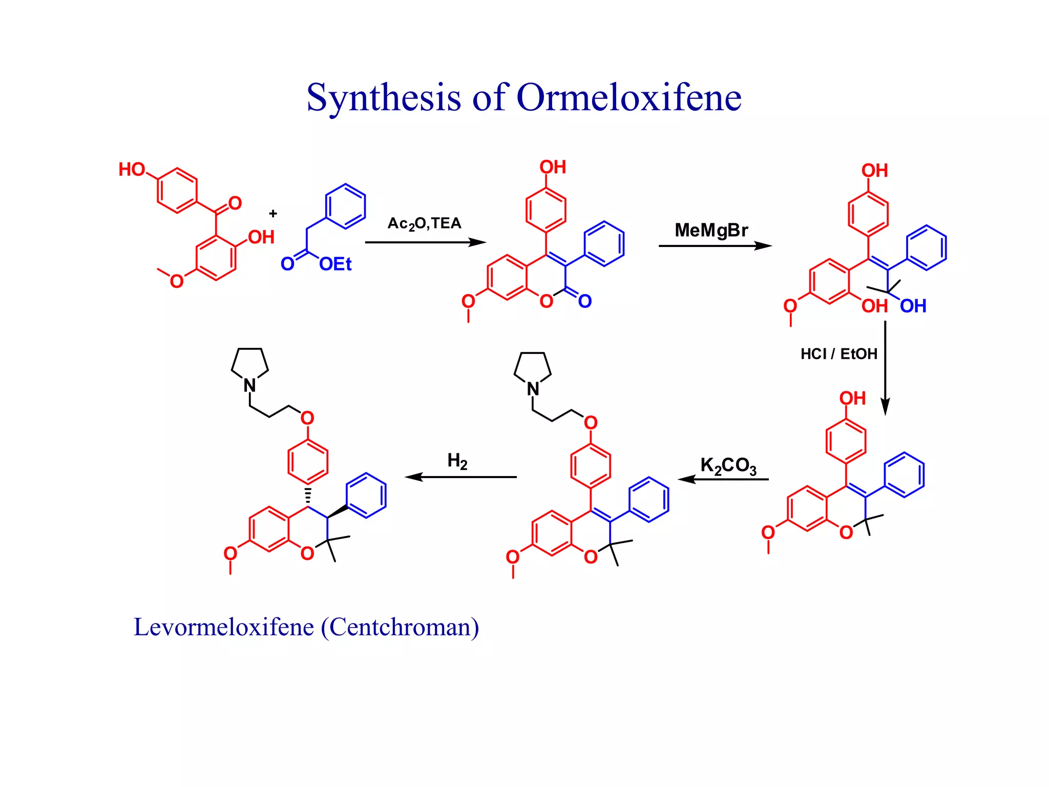 Synthesis of Ormeloxifene
O
OH
O
HO
OEtO
O
OH
OO OH
OH
OHO
O
OH
O
O
O
O
N
O
O
O
N
+
Ac2O,TEA
MeMgBr
HCl / EtOH
K2CO3
H2
Levormeloxifene (Centchroman)
 