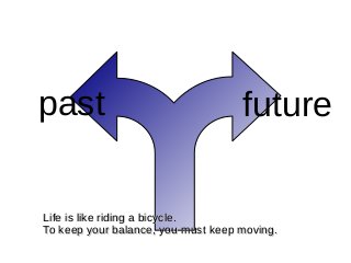 futurepast
Life is like riding a bicycle.Life is like riding a bicycle.
To keep your balance, you must keep moving.To keep your balance, you must keep moving.
 
