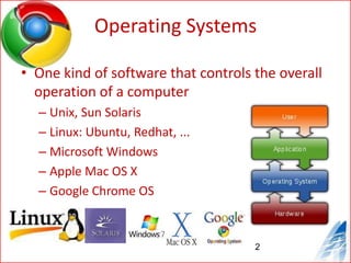 Operating SystemsOne kind of software that controls the overall operation of a computer 