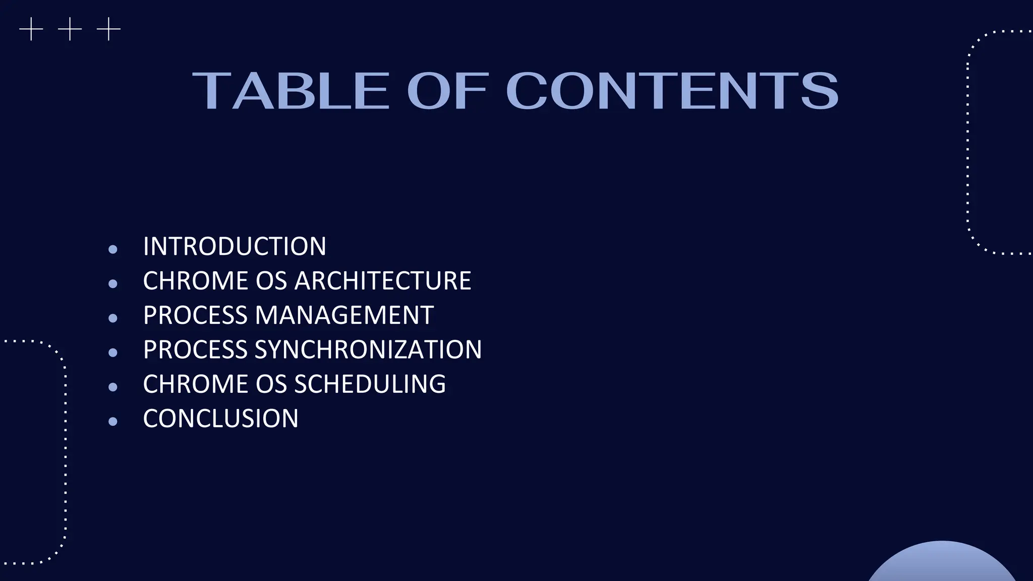 TABLE OF CONTENTS
● INTRODUCTION
● CHROME OS ARCHITECTURE
● PROCESS MANAGEMENT
● PROCESS SYNCHRONIZATION
● CHROME OS SCHEDULING
● CONCLUSION
 
