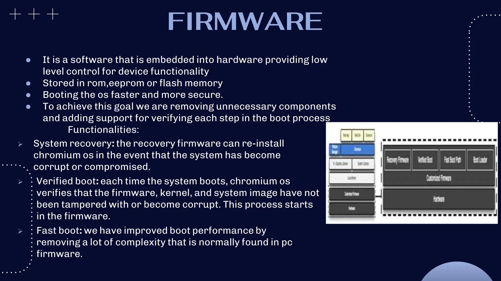 FIRMWARE
● It is a software that is embedded into hardware providing low
level control for device functionality
● Stored in rom,eeprom or flash memory
● Booting the os faster and more secure.
● To achieve this goal we are removing unnecessary components
and adding support for verifying each step in the boot process
Functionalities:
 System recovery: the recovery firmware can re-install
chromium os in the event that the system has become
corrupt or compromised.
 Verified boot: each time the system boots, chromium os
verifies that the firmware, kernel, and system image have not
been tampered with or become corrupt. This process starts
in the firmware.
 Fast boot: we have improved boot performance by
removing a lot of complexity that is normally found in pc
firmware.
 