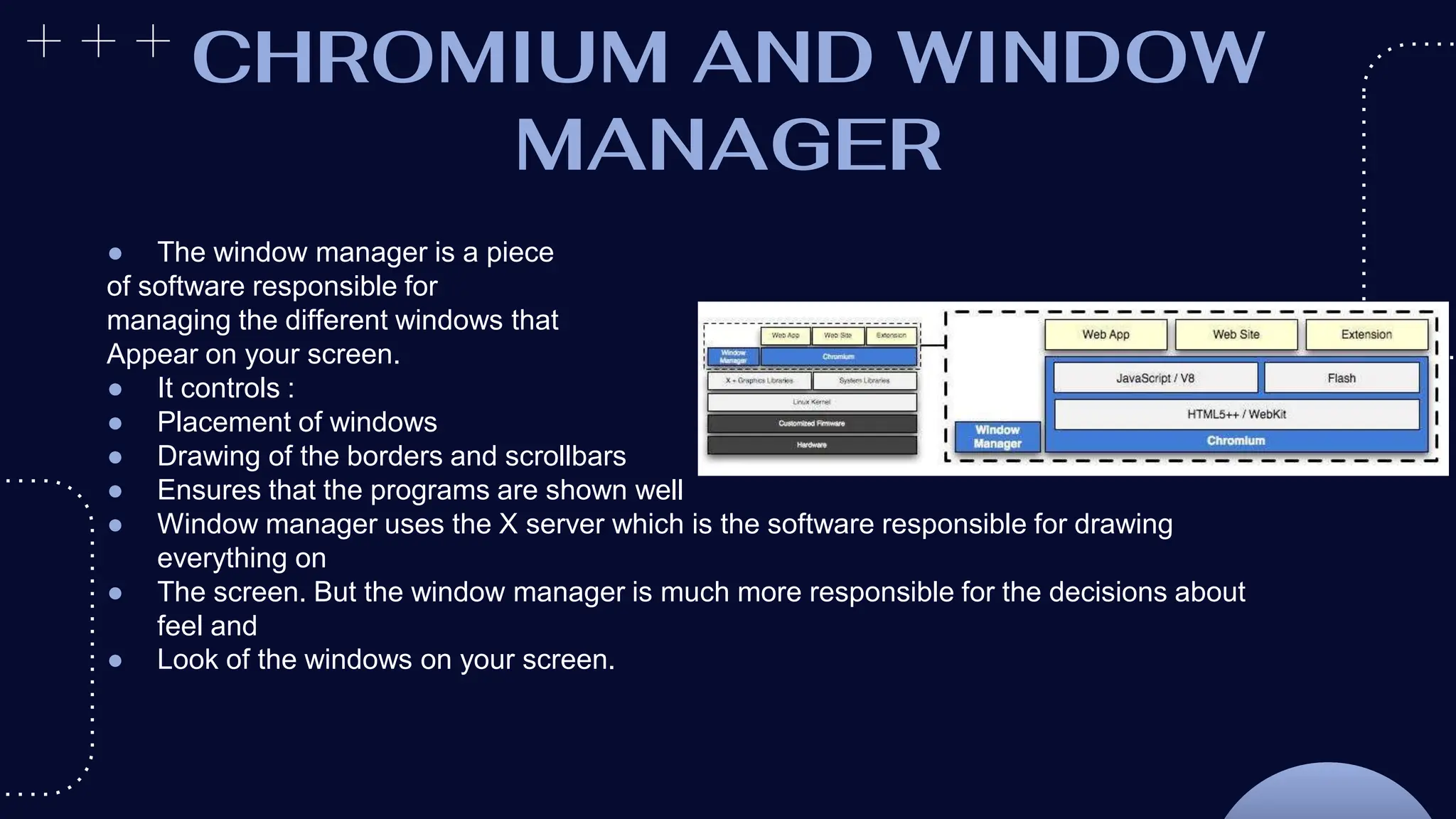 CHROMIUM AND WINDOW
MANAGER
● The window manager is a piece
of software responsible for
managing the different windows that
Appear on your screen.
● It controls :
● Placement of windows
● Drawing of the borders and scrollbars
● Ensures that the programs are shown well
● Window manager uses the X server which is the software responsible for drawing
everything on
● The screen. But the window manager is much more responsible for the decisions about
feel and
● Look of the windows on your screen.
 