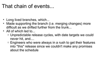 That chain of events...

• Long lived branches, which...
• Made supporting the branch (i.e. merging changes) more
  difficult as we drifted further from the trunk...
• All of which led to...
   o Unpredictable release cycles, with date targets we could
     never hit, and....
   o Engineers who were always in a rush to get their features
     into "this" release since we couldn't make any promises
     about the schedule
 