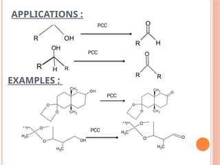 APPLICATIONS :
R H
O
R OH
PCC
R
OH
H
R
PCC
EXAMPLES :
O
O
OH
C
H3
C
H3
C
H3
O
O
O
C
H3
C
H3
C
H3
 