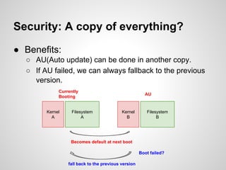 Physical Security
● What if someone grab your device, can he
read the files (browser cache/bookmarks…)?
● Stateful partiti...