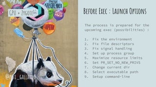Before Exec : Launch Options
The process is prepared for the
upcoming exec (possibilities) :
1. Fix the environment
2. Fix file descriptors
3. Fix signal handling
4. Set up process group
5. Maximize resource limits
6. Set PR_SET_NO_NEW_PRIVS
7. Change current dir
8. Select executable path
9. Setup command-line@pati_gallardo
GPU + Zygote
 