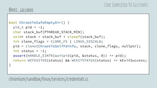 bool ChrootToSafeEmptyDir() {
pid_t pid = -1;
char stack_buf[PTHREAD_STACK_MIN];
void* stack = stack_buf + sizeof(stack_buf);
int clone_flags = CLONE_FS | LINUX_SIGCHLD;
pid = clone(ChrootToSelfFdinfo, stack, clone_flags, nullptr);
int status = -1;
assert(HANDLE_EINTR(waitpid(pid, &status, 0)) == pid);
return WIFEXITED(status) && WEXITSTATUS(status) == kExitSuccess;
}
@pati_gallardo
chromium/sandbox/linux/services/credentials.cc
Code Simplified To Illustrate
 