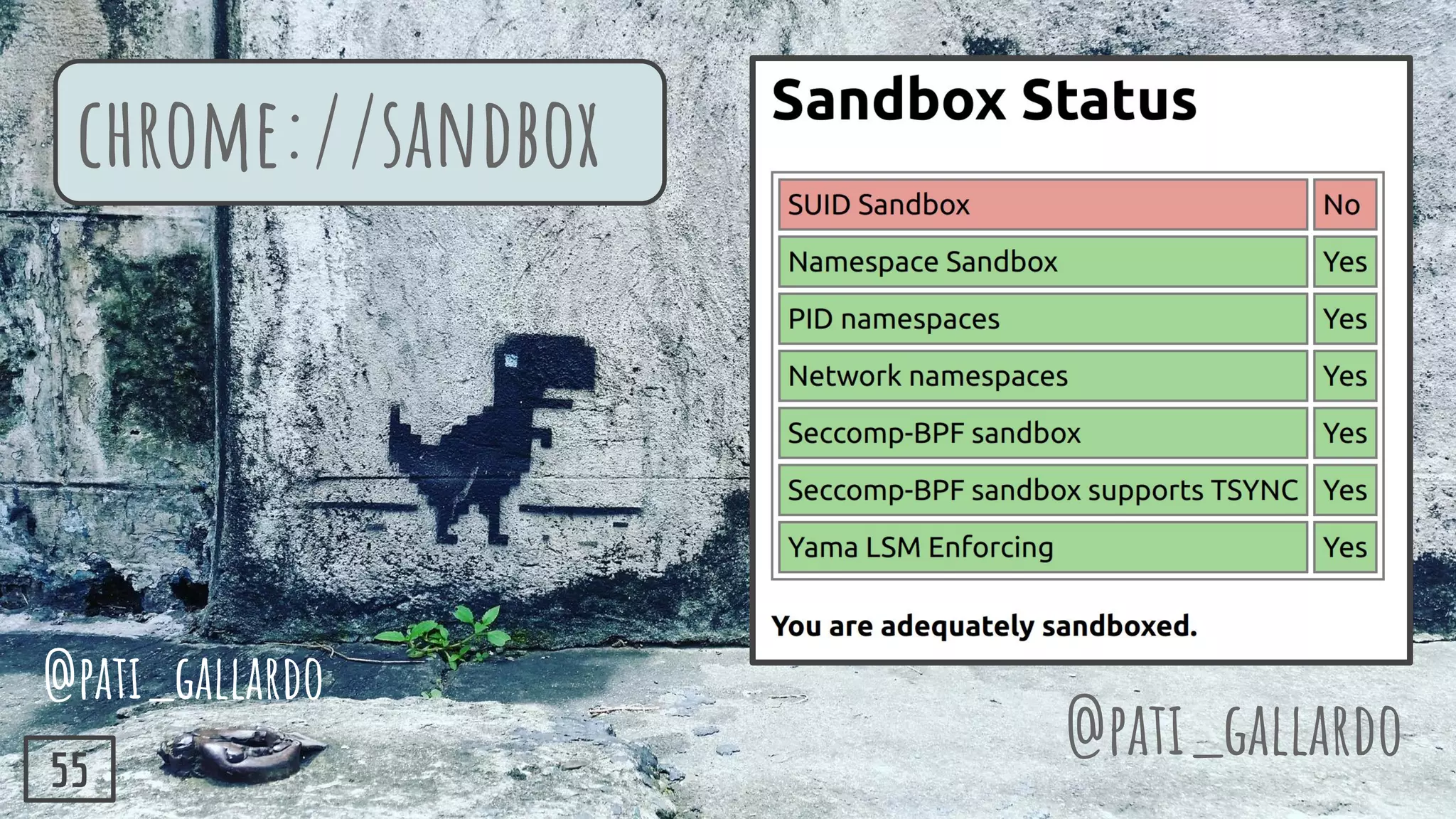 @pati_gallardo
chrome://sandbox
@pati_gallardo
55
 