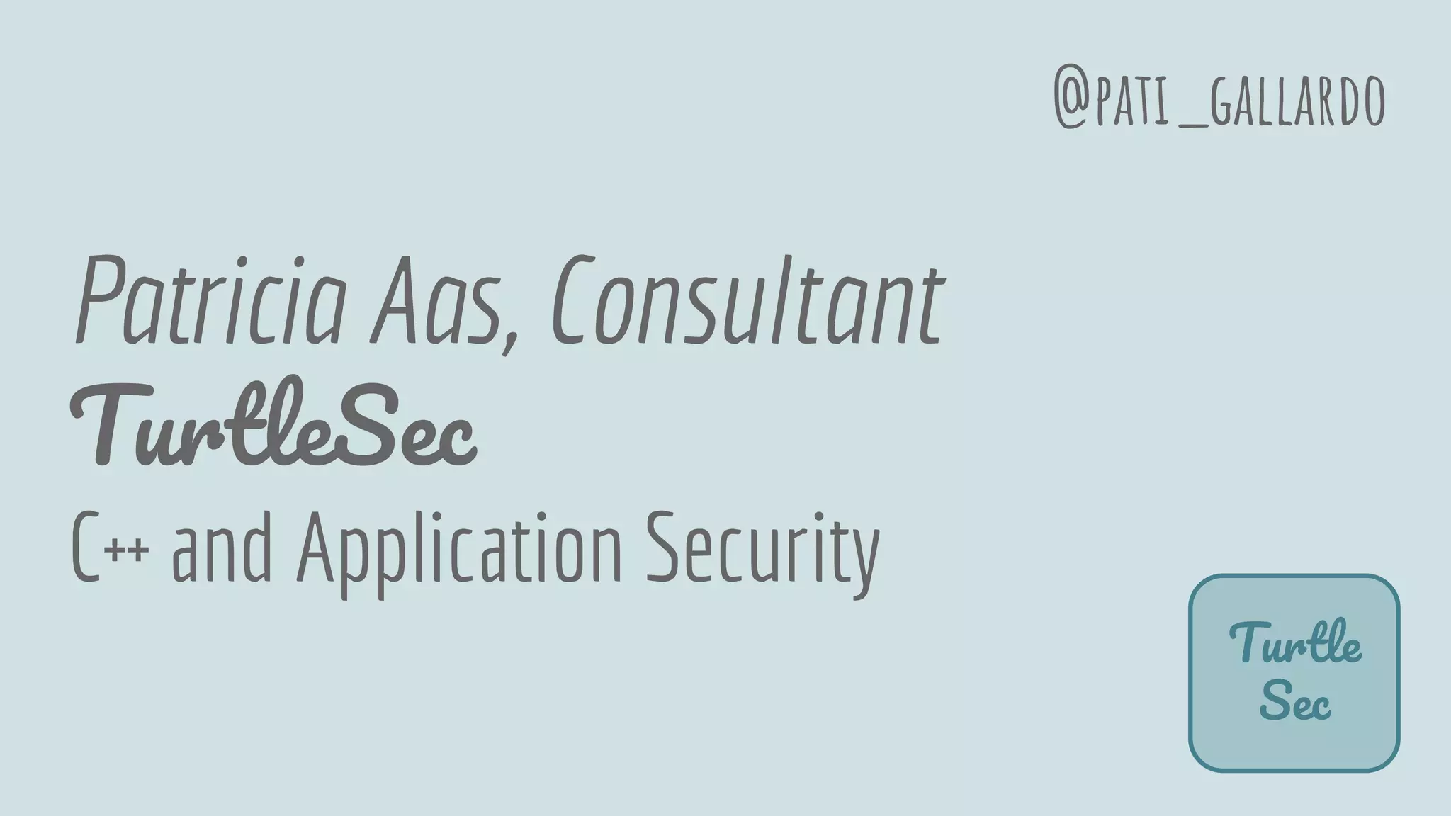 Patricia Aas, Consultant
TurtleSec
C++ and Application Security
Turtle
Sec
@pati_gallardo
 