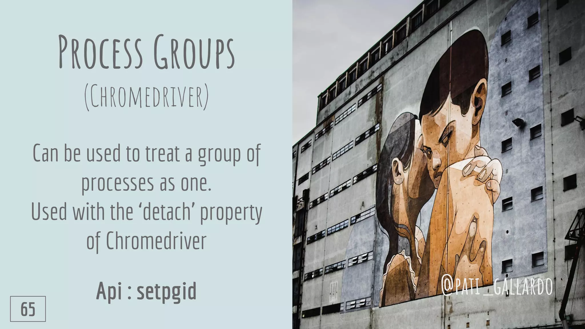 Process Groups
(Chromedriver)
Can be used to treat a group of
processes as one.
Used with the ‘detach’ property
of Chromedriver
Api : setpgid @pati_gallardo
65
 