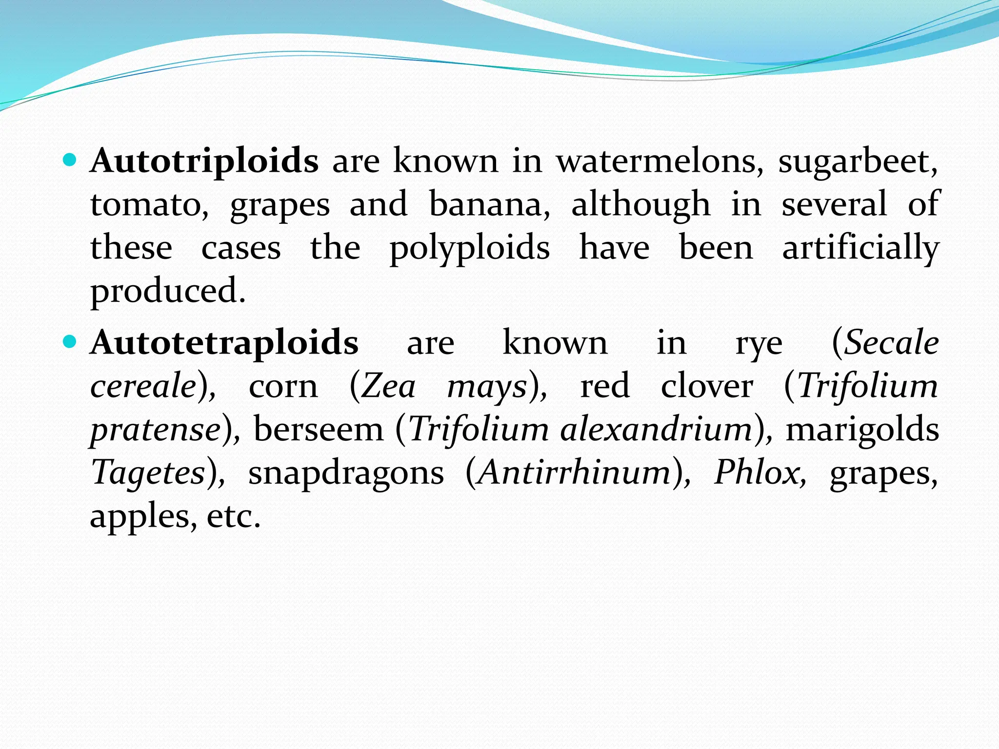  Autotriploids are known in watermelons, sugarbeet,
tomato, grapes and banana, although in several of
these cases the polyploids have been artificially
produced.
 Autotetraploids are known in rye (Secale
cereale), corn (Zea mays), red clover (Trifolium
pratense), berseem (Trifolium alexandrium), marigolds
Tagetes), snapdragons (Antirrhinum), Phlox, grapes,
apples, etc.
 