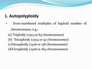 1. Autopolyploidy
 Even-numbered multiples of haploid number of
chromosomes. e.g.-
(a) Triploidy (23x3 or 63 chromosomes)
(b) Tetraploidy (23x4 or 92 chromosomes)
(c)Hexaploidy (23x6 or 138 chromosomes)
(d)Octaploidy (23x8 or 184 chromosomes)
 