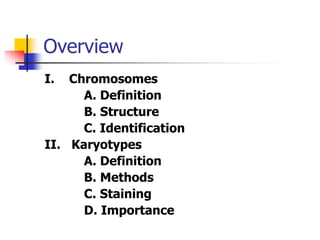 Overview
I. Chromosomes
A. Definition
B. Structure
C. Identification
II. Karyotypes
A. Definition
B. Methods
C. Staining
D. Importance
 