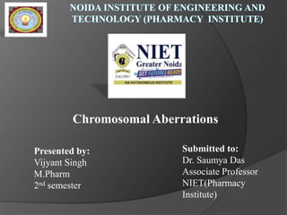 Chromosomal Aberrations
Presented by:
Vijyant Singh
M.Pharm
2nd semester
Submitted to:
Dr. Saumya Das
Associate Professor
NIET(Pharmacy
Institute)
 