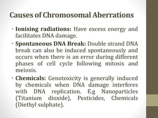 Causes of Chromosomal Aberrations
• Ionising radiations: Have excess energy and
facilitates DNA damage.
• Spontaneous DNA Break: Double strand DNA
break can also be induced spontaneously and
occurs when there is an error during different
phases of cell cycle following mitosis and
meiosis.
• Chemicals: Genotoxicity is generally induced
by chemicals when DNA damage interferes
with DNA replication. E.g Nanoparticles
(Titanium dioxide), Pesticides, Chemicals
(Diethyl sulphate).
 
