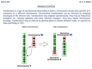 TRANSLOCATION
April 8, 2021 Dr. A. S. Wabale
Translocation is a type of chromosomal abnormality in which a chromosome breaks and a portion of it
reattaches to a different chromosome. Chromosomal translocations can be detected by analyzing
karyotypes of the affected cells. Translocations may originate spontaneously. They may be induced by
mutagens, viz., ionizing radiations and many chemical mutagens, since they induce chromosome
breakage. Translocations may be induced by growing plants in calcium-deficient media, as reported by
Nilan and Phillips in 1957.
 
