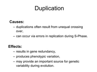 Duplication
Causes:
– duplications often result from unequal crossing
over,
– can occur via errors in replication during S-Phase.
Effects:
– results in gene redundancy,
– produces phenotypic variation,
– may provide an important source for genetic
variability during evolution.
 
