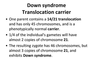 Down syndrome
Translocation carrier
• One parent contains a 14/21 translocation
and has only 45 chromosomes, and is a
phenotypically normal carrier.
• 1/4 of the individual's gametes will have
almost 2 copies of chromosome 21.
• The resulting zygote has 46 chromosomes, but
almost 3 copies of chromosome 21, and
exhibits Down syndrome.
 