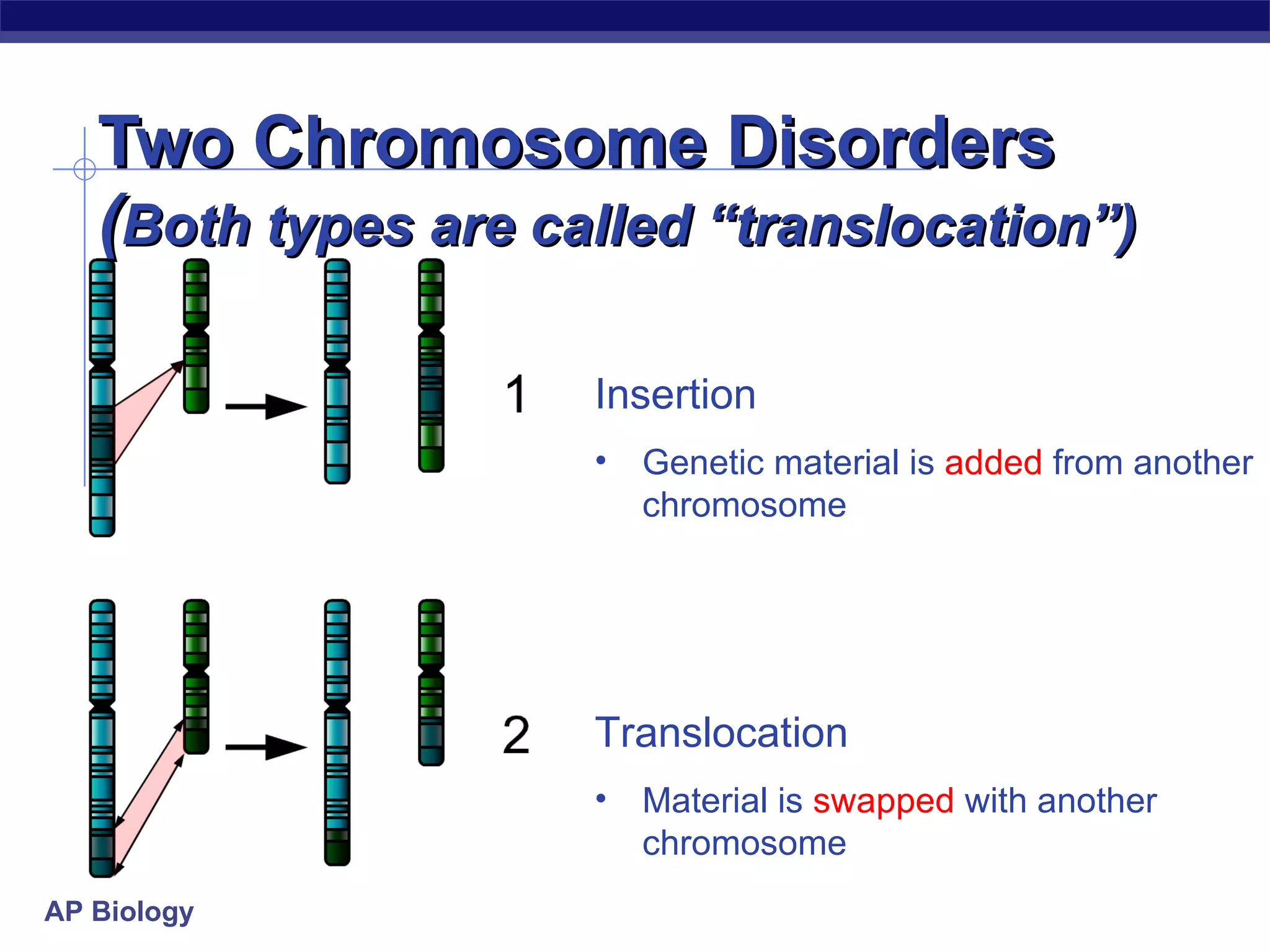 Two Chromosome Disorders ( Both types are called “translocation”) Insertion Genetic material is  added  from another chromosome Translocation Material is  swapped  with another chromosome 