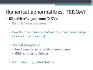 Numerical abnormalities. TRISOMY
• Klinefelter´s syndrome (XXY):
▫ Disorder affecting men
▫ Two X chromosomes and one Y chromosome in pair
23 (sex chromosomes)
▫ Clinical symptoms:
 Small genitals and sterility in some cases
 Mild learning disabilities
▫ Frequency: 1.4 / 1000 births
 