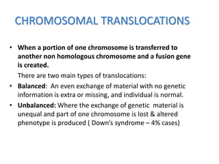 CHROMOSOMAL TRANSLOCATIONS
• When a portion of one chromosome is transferred to
another non homologous chromosome and a fusion gene
is created.
There are two main types of translocations:
• Balanced: An even exchange of material with no genetic
information is extra or missing, and individual is normal.
• Unbalanced: Where the exchange of genetic material is
unequal and part of one chromosome is lost & altered
phenotype is produced ( Down’s syndrome – 4% cases)
 