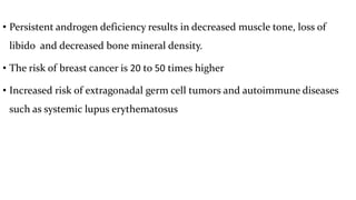 • Persistent androgen deficiency results in decreased muscle tone, loss of
libido and decreased bone mineral density.
• The risk of breast cancer is 20 to 50 times higher
• Increased risk of extragonadal germ cell tumors and autoimmune diseases
such as systemic lupus erythematosus
 