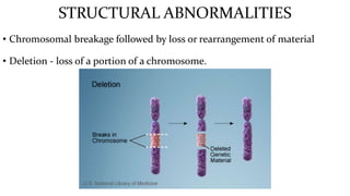 STRUCTURAL ABNORMALITIES
• Chromosomal breakage followed by loss or rearrangement of material
• Deletion - loss of a portion of a chromosome.
 