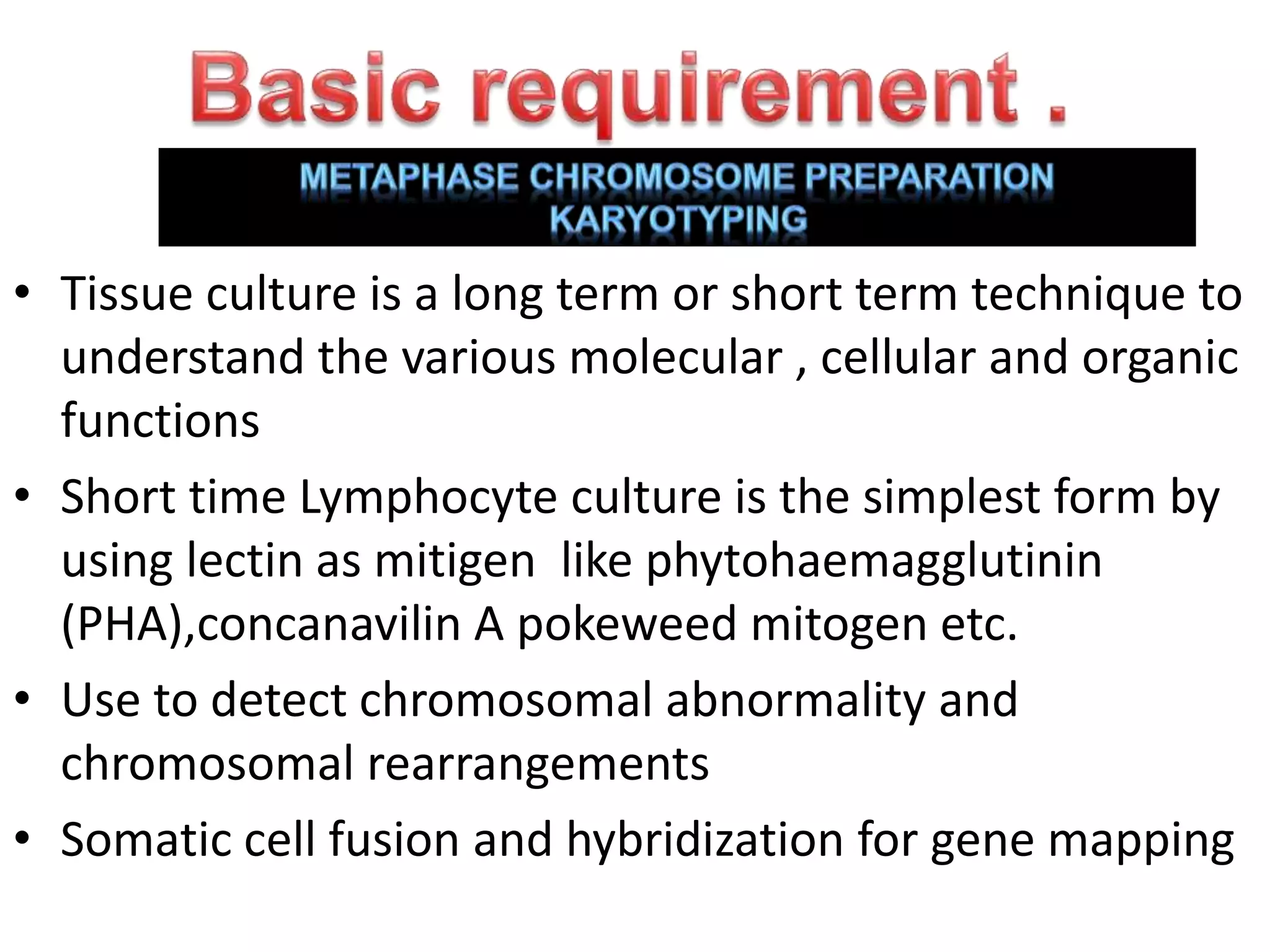 • Tissue culture is a long term or short term technique to
understand the various molecular , cellular and organic
functions
• Short time Lymphocyte culture is the simplest form by
using lectin as mitigen like phytohaemagglutinin
(PHA),concanavilin A pokeweed mitogen etc.
• Use to detect chromosomal abnormality and
chromosomal rearrangements
• Somatic cell fusion and hybridization for gene mapping
 