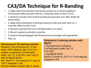 CA3/DA Technique for R-Banding
• 1. Apply 100 μl chromomycin A3 staining solution to air-dried metaphase
chromosome slide and cover with no. 1 coverslip. Allow to stain 15 min.
• 2. Remove coverslip, then rinse by quickly pouring water over slide. Shake off
excess water.
• 3. Apply 100 μl distamycin A staining solution to slide and cover with no. 1
coverslip. Allow to stain 5 min.
• 4. Remove coverslip and rinse in distilled water as in step 2.
• 5. Mount in glycerol and add a coverslip.
• 6. Examine and photograph with fluorescence microscope with appropriate
• filter set
Distamycin A staining solution with
MgCl2
1 mg distamycin A (Sigma)
5 ml McIlvaine buffer, pH 7.0
5 ml H2O
1 mg MgCl2⋅6H2O
Store ≤1 month at −20°C in 1.5-ml aliquots
wrapped in foil
Chromomycin A3 staining solution
Dissolve 5 mg chromomycin in two
drops 100% ethanol. Add 10 ml of a
solution containing 5 ml McIlvaine
buffer, pH 7.0, 5 ml H2O, and 1mg (5
mM) of MgCl2⋅6H2O.
Mix. Store in 1.5-ml aliquots ≤1 year at
−20°C wrapped in foil.
Discard thawed solution after 2 weeks.
 