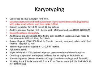 Karyotyping
• Centrifuge at 1000-1200rpm for 5 min.
• Decant supernatant and fresh suspension in pre-warmed 0.56 %kCl(hypotonic)
with initial small volume and then make 8-10ml ,
• Keep in incubator for 18-20 min at 37 deg celcius
• Add 3-4 drops of fixative (1:3 – Acetic acid : Methanol and spin (1000-1200 RpM .
• Decant hypotonic completely
• Add fixative drop by drop(3-4) to fix the cells and then suspension was made to
the volume to 8-10 ml . Keep for 15 min
• Recentrifuge at 1000-2000 RPM for 5 moin , decant , resupend pellets in 8-10 ml
fixative . Keep for 10 min.
• recentrifuge and resuspend in -.2 -0.4 ml fixative.
• Agitate suspends
• Wipe a slide with 70% alcohasl .wipe ant prewarmed the slide on hot plate
• One Drop suspension and expose to flame for air drying or let it be in air
• Stain with giemsa ( Giemsa Pwder 380 mg + 25 ml metanol+ gycerol for stock)
• Working Stock 2.5 ml+ metanol1.5 ml + 50 ml Giemsa water ( 0.2 M Na2 HPO4 80
ml+ 800 ml DW)
 
