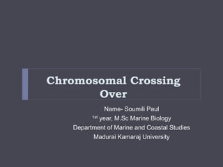 Chromosomal Crossing
Over
Name- Soumili Paul
1st year, M.Sc Marine Biology
Department of Marine and Coastal Studies
Madurai Kamaraj University
 