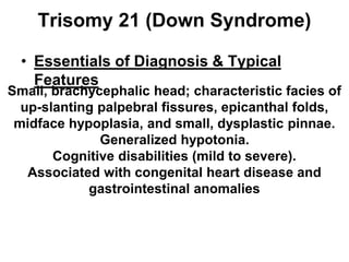 Trisomy 21 (Down Syndrome)
• Essentials of Diagnosis & Typical
Features
Small, brachycephalic head; characteristic facies of
up-slanting palpebral fissures, epicanthal folds,
midface hypoplasia, and small, dysplastic pinnae.
Generalized hypotonia.
Cognitive disabilities (mild to severe).
Associated with congenital heart disease and
gastrointestinal anomalies
 