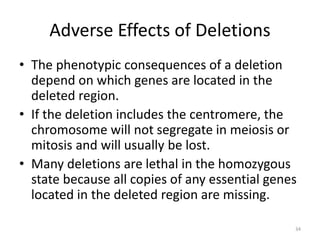 Adverse Effects of Deletions
• The phenotypic consequences of a deletion
depend on which genes are located in the
deleted region.
• If the deletion includes the centromere, the
chromosome will not segregate in meiosis or
mitosis and will usually be lost.
• Many deletions are lethal in the homozygous
state because all copies of any essential genes
located in the deleted region are missing.
34
 