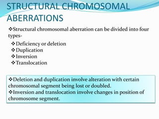 STRUCTURAL CHROMOSOMAL
ABERRATIONS
Structural chromosomal aberration can be divided into four
types-
Deficiency or deletion
Duplication
Inversion
Translocation
Deletion and duplication involve alteration with certain
chromosomal segment being lost or doubled.
Inversion and translocation involve changes in position of
chromosome segment.
 