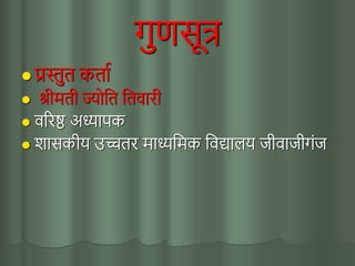 गुणसूत्र
 प्रस्तुत कतता
 श्रीमती ज्योतत ततवतरी
 वररष्ठ अध्यतपक
 शतसकीय उच्चतर मतध्यतमक तवद्यतलय जीवतजीगजज
 