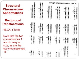 Structural
Chromosome
Abnormalities
Reciprocal
Translocations
46,XX, t(1;18)
Note that the two
chromosomes 1
are of unequal
size, as are the
two chromosomes
18
 
