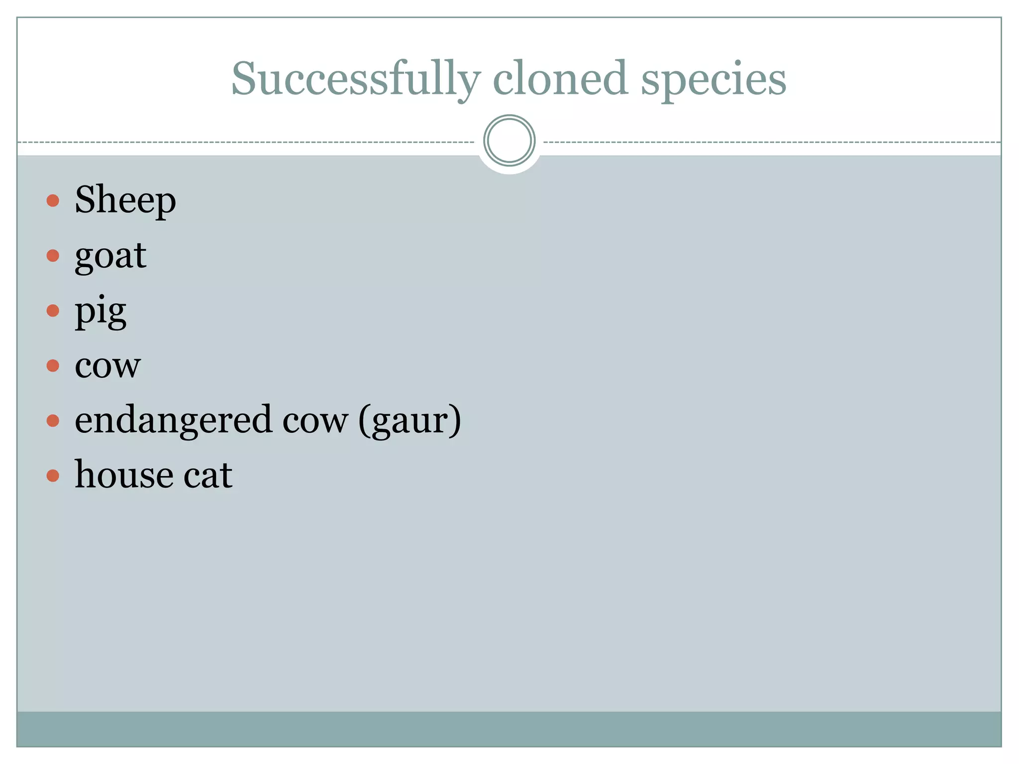 Successfully cloned species
 Sheep
 goat
 pig
 cow
 endangered cow (gaur)
 house cat

 