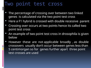 Two point test cross
 The percentage of crossing over between two linked
genes is calculated via the two point test cross
 Here a F1 hybrid is crossed with double recessive parent
 Crossing over occurs at two points hence its called two
point test cross
 An example of two point test cross in drosophila is given
below
 However these are not applicable broadly , as double
crossovers usually don’t occur between genes less than
5 centimorgan so for genes further apart three point
test crosses are used
 