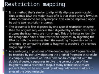 Restriction mapping
 It is a method that’s similar to rflp while rflp uses polymorphic
sites to map DNA the major issue of it is that there is very few sites
in the chromosome are polymorphic. This can be improved upon
by using two restriction enzymes.
 The sequence is first digested by one type of restriction enzyme
then the original sequence is then digested by another restriction
enzyme the fragments are run on gel. This only helps to identify
the recognition sites of the restriction enzymes. By digesting the
DNA by both the enzymes then the resulting fragments can be
arranged by comparing them to fragments acquired by previous
single digestions.
 Any ambiguity in positions of the double digested fragments can
be resolved by partially digesting the original fragment this results
in complex sequences of DNA which can be compared with the
double digested sequences to give the correct order of the
fragments and a restriction map. if many restriction sites are
present they can be narrowed by adding radioactive markers to
ends of the DNA molecule.
 