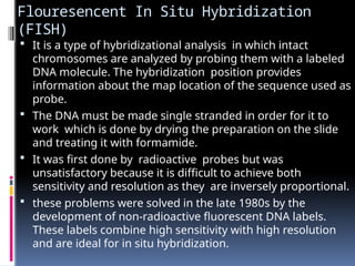 Flouresencent In Situ Hybridization
(FISH)
 It is a type of hybridizational analysis in which intact
chromosomes are analyzed by probing them with a labeled
DNA molecule. The hybridization position provides
information about the map location of the sequence used as
probe.
 The DNA must be made single stranded in order for it to
work which is done by drying the preparation on the slide
and treating it with formamide.
 It was first done by radioactive probes but was
unsatisfactory because it is difficult to achieve both
sensitivity and resolution as they are inversely proportional.
 these problems were solved in the late 1980s by the
development of non-radioactive fluorescent DNA labels.
These labels combine high sensitivity with high resolution
and are ideal for in situ hybridization.
 