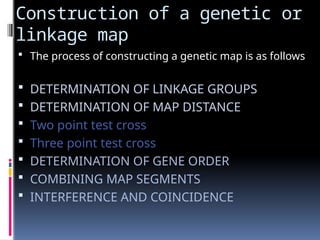 Construction of a genetic or
linkage map
 The process of constructing a genetic map is as follows
 DETERMINATION OF LINKAGE GROUPS
 DETERMINATION OF MAP DISTANCE
 Two point test cross
 Three point test cross
 DETERMINATION OF GENE ORDER
 COMBINING MAP SEGMENTS
 INTERFERENCE AND COINCIDENCE
 