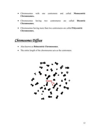 12
 Chromosomes with one centromere and called Monocentric
Chromosomes.
 Chromosomes having two centromeres are called Dicentric
Chromosomes.
 Chromosomes having more than two centromeres are called Polycentric
Chromosomes.
Chromosomes Diffuse
 Also known as Holocentric Chromosomes.
 The entire length of the chromosome acts as the centromere.
 