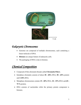 3
Eukaryotic Chromosomes
 Genomes are composed of multiple chromosomes, each containing a
linear molecule of DNA.
 Histones are unique feature of eukaryotic cells.
 The packaging of DNA is due to histones.
Chemical Composition
 Composed of thin chromatin threads called Chromatin Fibers.
 Interphase chromatin consists of about 30 - 40% DNA, 50 - 65% protein
and 1-10% RNA.
 Metaphase chromosomes contain 15 - 20% DNA, 10 - 15% RNA and 65 -
75 % protein.
 DNA consists of nucleotides while the primary protein component is
histones.
 