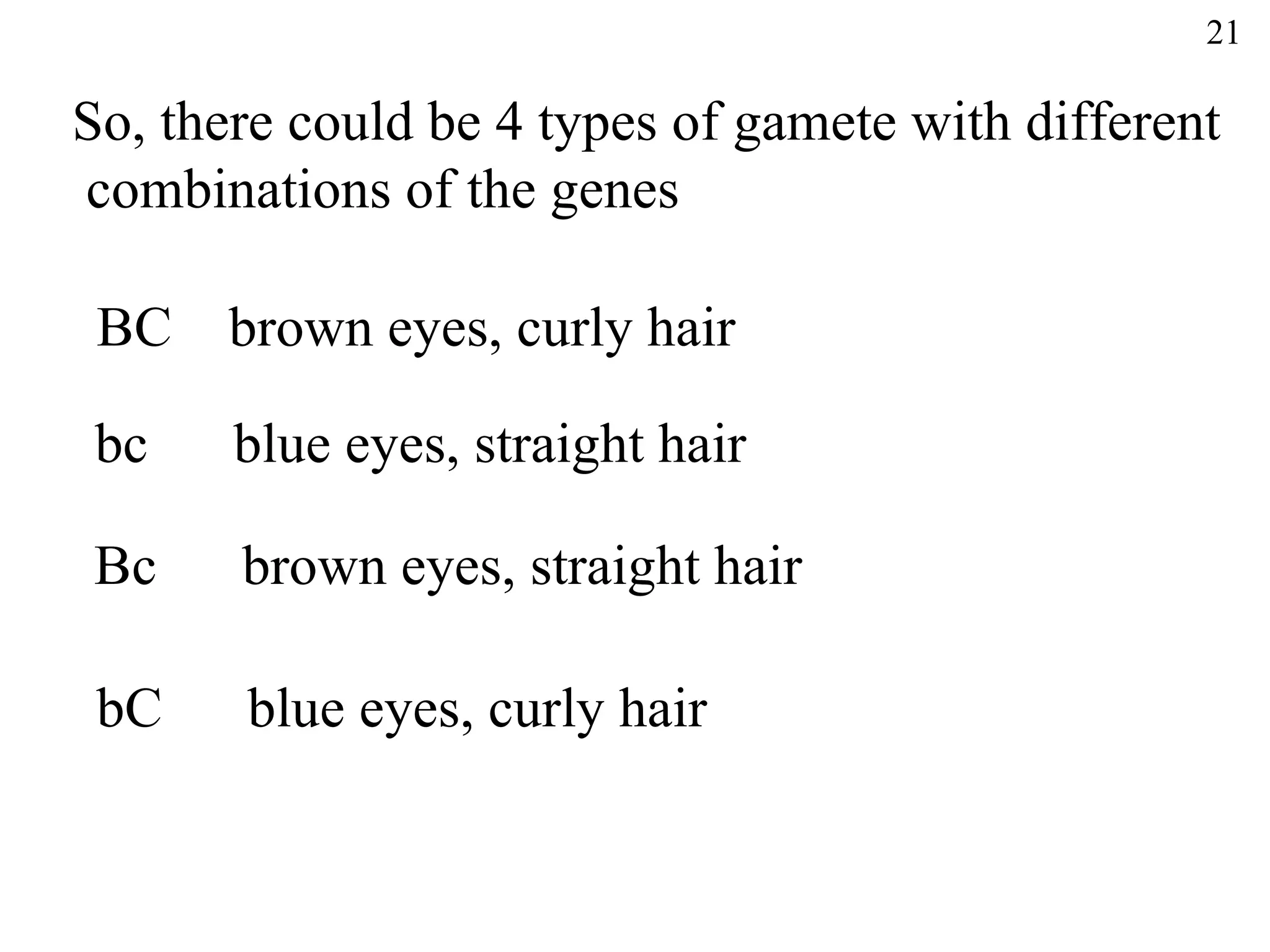 21

So, there could be 4 types of gamete with different
combinations of the genes

 BC   brown eyes, curly hair

 bc    blue eyes, straight hair

Bc     brown eyes, straight hair

 bC    blue eyes, curly hair
 