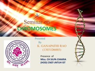 A
Seminar on
CHROMOSOMES
Presented
By

K. GANAPATHI RAO
(13031D6003)
Presence of
Miss. CH SILPA CHAKRA
(HOD) CNST-JNTUH IST

 