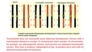 42
Translocation does not necessarily cause abnormal development. Persons with a
translocation between a number 21 chromosome and a number 14 chromosome,
for example, are phenotypically normal. Such persons are balanced translocation
carriers. They have a tendency, independent of age, to produce germ cells with an
abnormal translocation chromosome
 